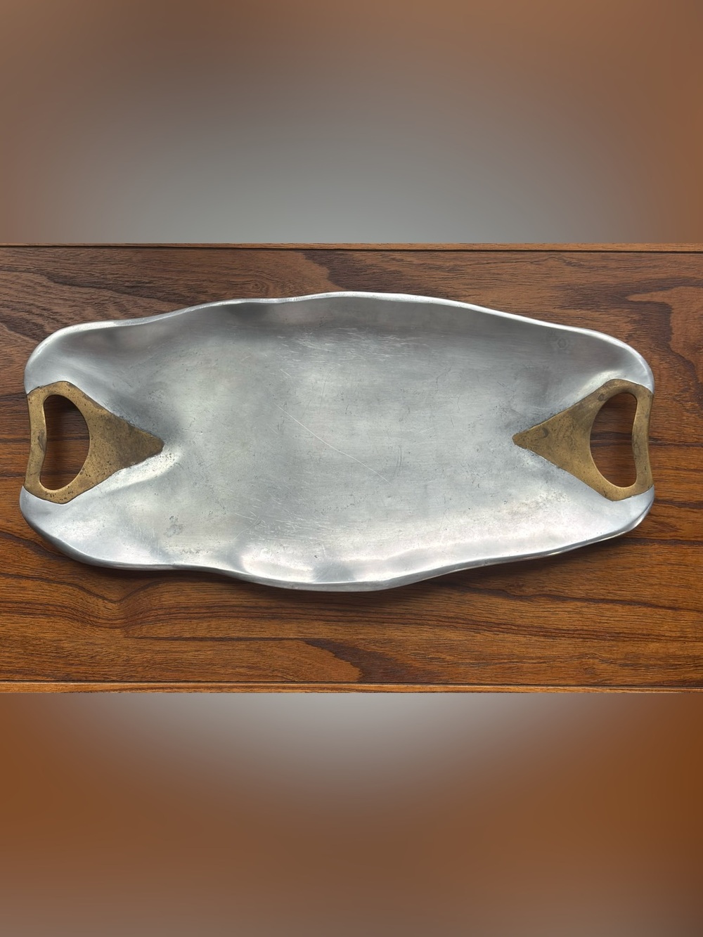 Vintage Brutalist Brass & Cast Aluminum Serving Tray 16-1/2”